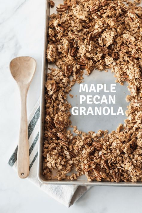 Maple Pecan Granola is simple to make and results in a large batch. Keep it on hand for breakfast and snacking throughout the week. Maple Pecan Granola Recipe, Meal Prep List, Pecan Granola Recipe, Almond Granola Recipe, Maple Pecan Granola, Pecan Granola, Easy Granola Recipe, Maple Granola, Granola Recipe Healthy