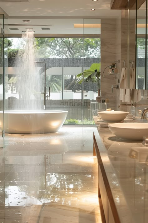 Step into luxury with this stunning bathroom interior. A modern freestanding bathtub takes center stage, with a dynamic cascade effect from the showerhead above. The large glass panel offers a lush view of outdoor greenery, seamlessly blending indoor and outdoor spaces. Polished marble, ambient lighting, and a double vanity sink with bowl-style basins complete this opulent, serene oasis. #BathroomDesign #LuxuryLiving #HomeDecor Huge Modern Bathroom, Million Dollar Bathrooms Master Bath, Big Sink Bathroom, Big Fancy Bathroom, Aesthetic Big Bathroom, Large Luxury Bathroom, White Marble House, Mansion Master Bath, Vanity Luxury Design