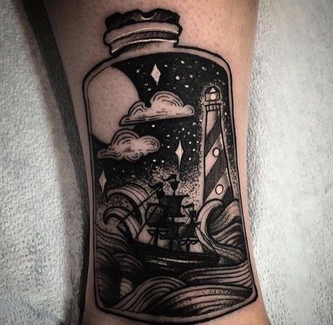 Austin Fields tattoo via Adventure Mom Blog "What You Need to Know Before You Get a Tattoo" Cabin Tattoo, Lighthouse Tattoo Meaning, Traditional Lighthouse Tattoo, Backpiece Tattoo, Lighthouse Tattoo, Cabin Designs, Bottle Tattoo, Nautical Tattoo, Castle In The Sky