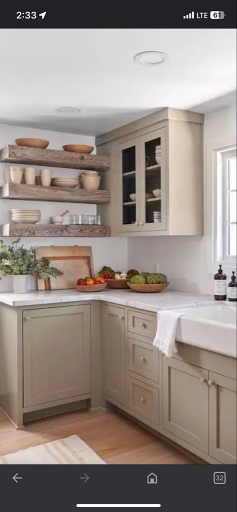 White Countertop Beige Cabinets, Taupe Kitchen Cabinets White Countertop, Light Tan Painted Kitchen Cabinets, Tan Beige Kitchen Cabinets, Sandy Color Kitchen Cabinets, Khaki And White Kitchen, Tan Kitchen Cabinets Gold Hardware, Beige Cabinets Gold Hardware Kitchen, Cream Tan Kitchen Cabinets