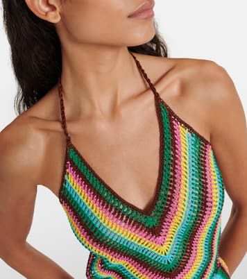 Striped crochet cotton minidress in multicoloured - Anna Kosturova | Mytheresa Anna Kosturova, Coat Styles, International Clothing, Summer Stripes, Oversized Coat, Halter Neckline, Coat Fashion, Luxury Women, The Philippines