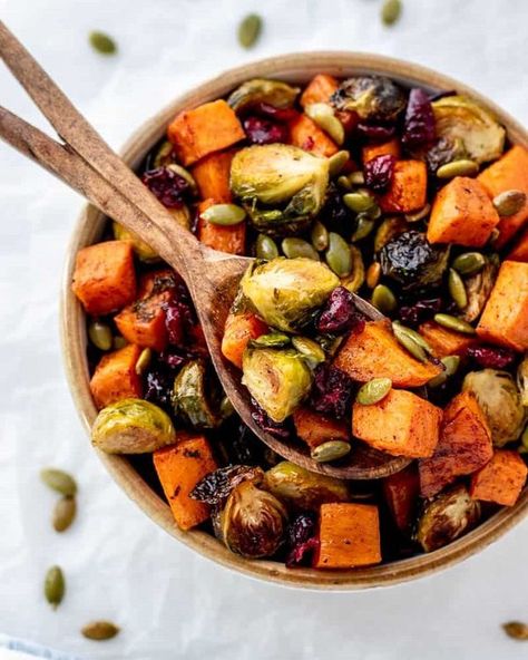 Haute and Healthy Living Brussel Sprouts And Sweet Potato Recipe, Maple Roasted Brussel Sprouts, Brussel Sprouts And Sweet Potatoes, Thanksgiving Brussel Sprouts, Oven Roasted Brussel Sprouts, Brussel Sprouts Appetizer, Maple Glazed Sweet Potatoes, Roasted Brussel Sprouts Oven, Sprouting Sweet Potatoes