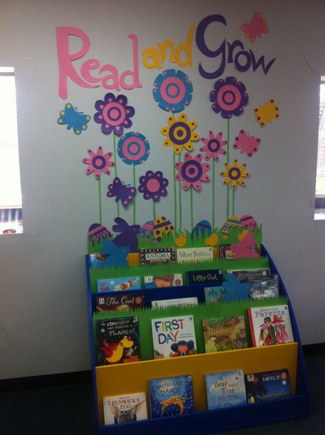 12 Amazing Library Display Ideas for Every Month – Saved you a Spot Library Corner For Kindergarten, Read And Grow Display, Library Area Ideas Preschool, Cute Preschool Bulletin Boards, Spring Library Bulletin Boards, Easter Library Displays, Spring Library Displays, Book Corner Display, Spring Library