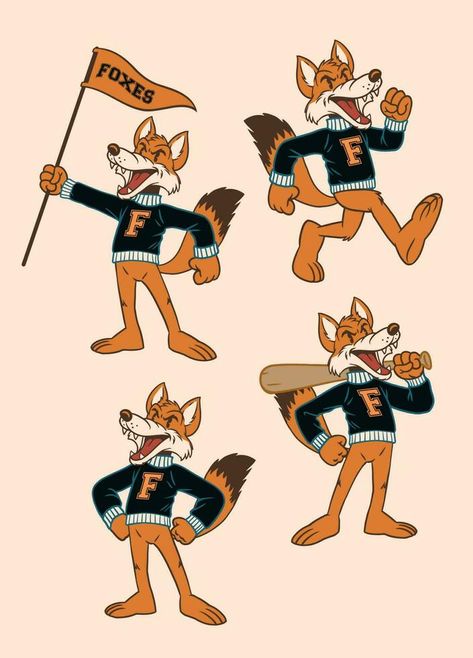 Set of Fox Sport Mascot in Vintage Retro Hand Drawn Style Retro Duck Illustration, Mascot Drawing, Fox Mascot, Sports Mascot, Duck Illustration, Fox Character, Wolf Illustration, 3d Vector, Fox Illustration