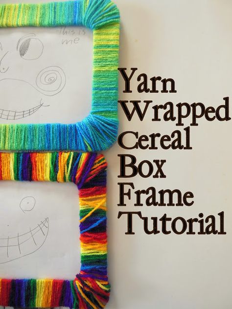 hazel and company: Yarn-Wrapped Frame Tutorial....this is a great way to recycle cereal boxes! Yarn Frame Diy, Kids Picture Frames, Picture Frame Crafts, Unique Yarn, Diy Yarn Crafts, Diy Picture Frames, Vbs Crafts, Crafty Kids, Yarn Diy