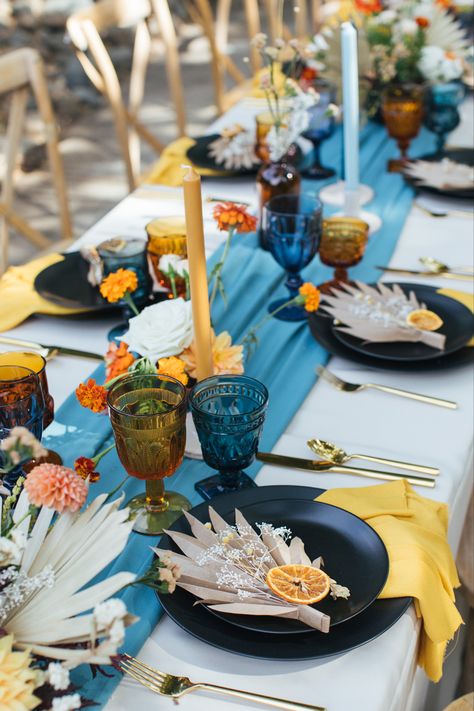 Teal And Mustard Wedding, Teal Table Decorations, Teal Table Setting, Outdoor Small Wedding, Teal Wedding Table, Teal Yellow Wedding, Teal Bridal Shower, Blue Color Palette Wedding, Teal Wedding Theme