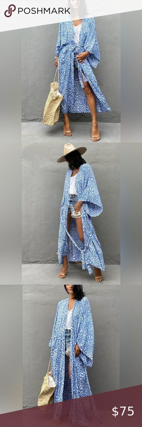 Leopard Sky Kimono Cárdigan Swimsuit Coverup Summer Dress Coverup, Island Wear, Beach Kaftan, Blue Leopard Print, Kimono Duster, Resort Fashion, Long Beach Dress, Blue Leopard, Summer Fashion Dresses