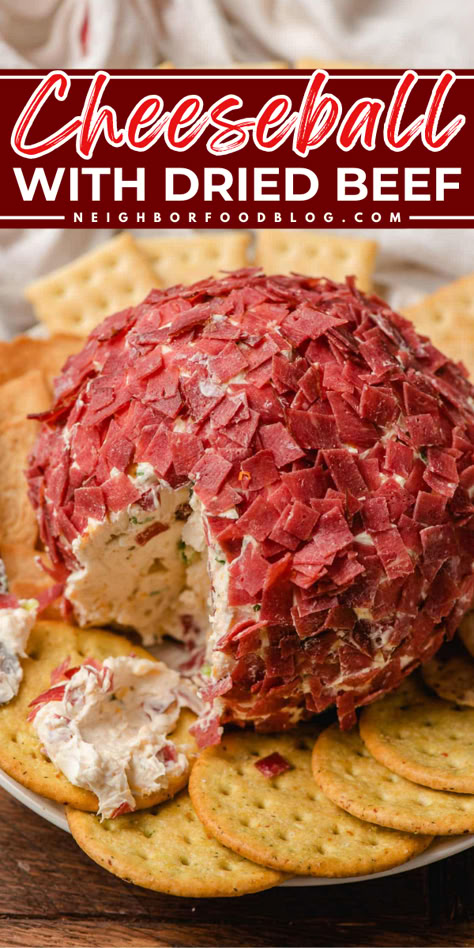 Here's a football appetizer you can make ahead! This easy Super Bowl recipe is a classic cheeseball with dried beef. Super creamy and flavorful, this chipped beef cheeseball is a game day menu idea everyone will enjoy! Chipped Beef Cheeseball Recipes, Cheeseball Dried Beef, Dried Beef Cheeseball Recipes, Chip Beef Cheeseball, Summer Potluck Dishes, Beef Appetizers, Chipped Beef, Slow Cooker Recipes Beef, Cheese Ball Recipes