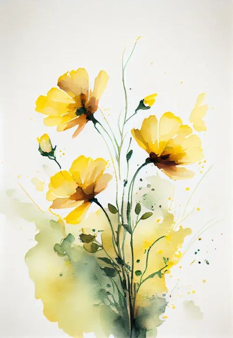 Flower For Watercolor, Background Of Flowers, Flower In Watercolor, Yellow Watercolour Flower, Flower Leaves Painting, Botanical Drawings Watercolor, Yellow Flowers Acrylic Painting, Flower Water Coloring, Watercolour Flowers Background