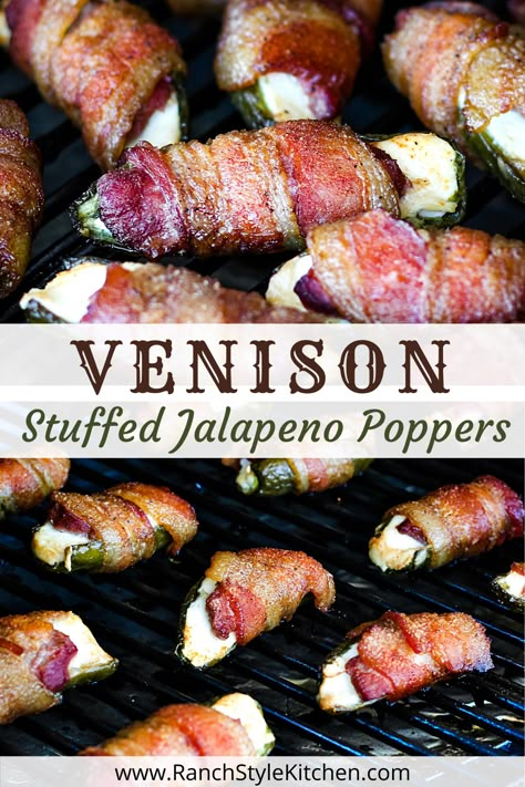 Venison Jalapeno Poppers (aka Deer Rolls) are the best! Fresh sliced jalapenos are stuffed with cream cheese, topped with tender deer backstrap, and wrapped in bacon. Can be smoked in a pellet grill/smoker or baked in the oven for an easy, flavorful venison recipe you'll want to make time and time again! Deer Roll Ups In The Oven, Bacon Wrapped Venison Bites, Deer Roll Ups, Bacon Wrapped Deer Backstrap, Deer Meat Appetizers, Grilled Backstrap Deer, Easy Backstrap Venison Recipes, Venison Sheet Pan Dinners, Fried Backstrap Deer