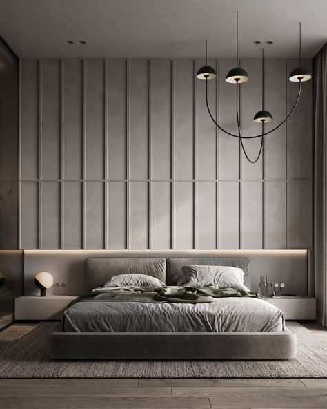 green gray on Behance Wall Slats, Bedroom Interior Design Luxury, Modern Bedroom Interior, Bedroom Decor Design, Bedroom Bed Design, Bed Furniture Design, Bedroom Furniture Design, It Is, The Bedroom