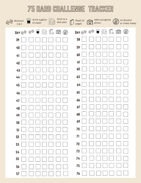 Page two of my 75 day hard challenge tracker. the first one is on my page. Challenge Tracker Free Printable, 75 Hard Workout Ideas, 75 Hard Challenge Tracker Free Printable, Tracker Free Printable, 75 Hard Challenge Tracker, 75 Hard Challenge, 75 Hard, Workout Diet Plan, Challenge Tracker