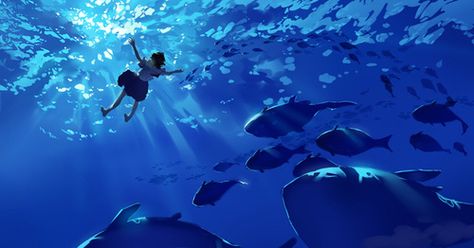 Anime Ocean Wallpaper Desktop, How To Draw Underwater Scene, Desktop Wallpaper Art, Blue Anime, Ocean Wallpaper, Environment Concept Art, Anime Scenery Wallpaper, Ocean Art, Wallpaper Pc