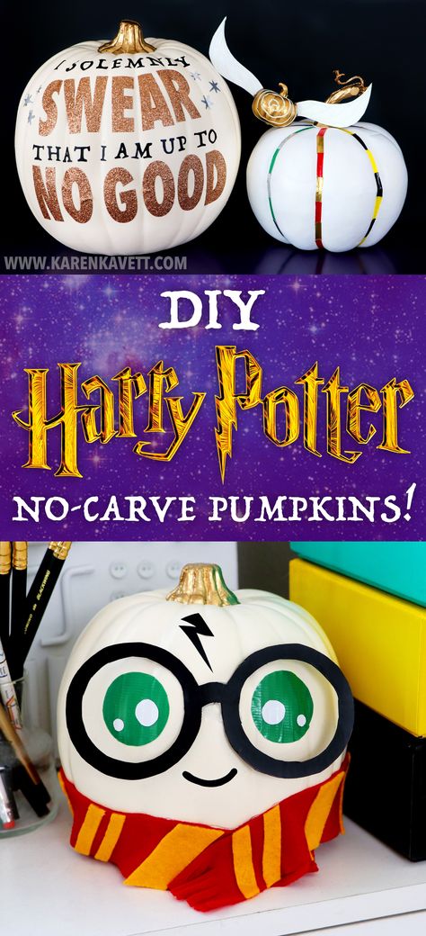 DIY No-Carve Harry Potter Pumpkins - Halloween | Karen Kavett Harry Potter Themed Pumpkins, Harry Potter Painted Pumpkins Ideas, Harry Potter No Carve Pumpkin, Painting Pumpkins Harry Potter, Harry Potter Themed Pumpkin Carving, Harry Potter Pumpkin Ideas, Harry Potter Pumpkin Carving, Harry Potter Diy Crafts, Disney Pumpkin Painting