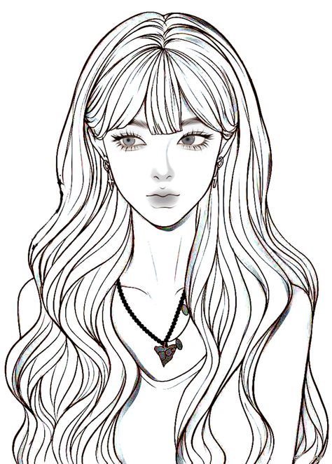 Digital Drawing Outline, Digital Art Girl Outline, Manhwa Coloring Pages, Face Outline Drawing Sketch, Black And White Outline Drawings, Girl Outline Drawing, Korean Girl Drawing, Kpop Coloring Pages, Face Outline Drawing