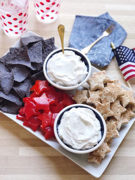 Patriotic Chips and Dip Appetizer for Fourth of July Celebrations American Chips, Sandwich Thins, Grilling Kabobs, Chips And Dip, Family Desserts, July Recipes, Party Dips, Fourth Of July Food, Star Cookies