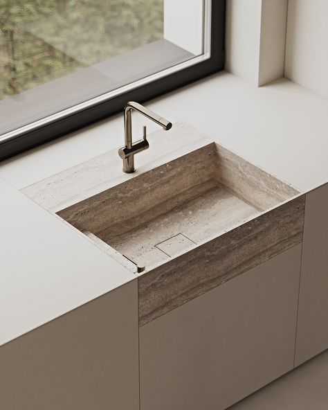 Travertine Kitchen Island, Bathroom Sink Design, Lviv Ukraine, Studio Kitchen, Sink Design, Kitchen Inspiration Design, Quiet Luxury, Minimalist Kitchen, The Quiet