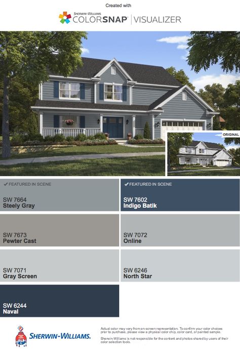 Steely Gray house paint with front door/shutters in Naval Dutch Tiles, Mindful Gray, Blue Shutters, Greek Villas, Sea Serpent, Blue Paint Colors, Grey Houses, Sherwin Williams Paint Colors, Exterior Paint Colors For House