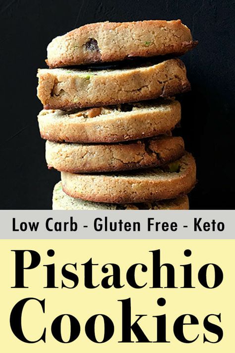 These low carb and Keto pistachio shortbread cookies make for the perfect gluten free dessert. And each cookie has just 1g net carb. Keto Pistachio, Pistachio Shortbread Cookies, Pistachio Shortbread, Galletas Keto, Low Carb Cookies Recipes, Gluten Free Dessert, Diet Cookies, Low Fat Low Carb, Pistachio Cookies