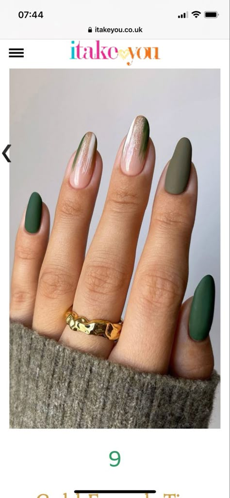 Khaki Nails Acrylic, Winter Gel Nails 2023, Khaki Nail Designs, Khaki Green Nails, Khaki Nails, Gold Sparkle Nails, Light Pink Acrylic Nails, Rounded Acrylic Nails, Olive Nails