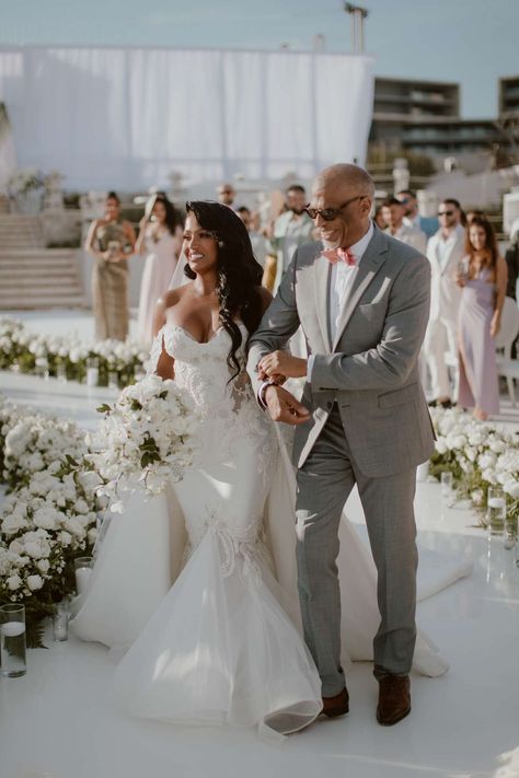 shayla-lester-wedding-ceremony-bride-father-walking-down-aisle-0621 Black People Weddings, Oceanfront Wedding, Flowers Candles, Welding Technology, Cabo Wedding, Cabo Weddings, Black Bride, Dream Wedding Ideas Dresses, Wedding Goals