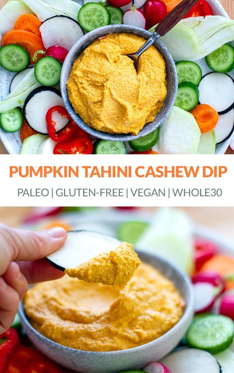 This pumpkin tahini and cashew dip is inspired by a traditional hummus recipe but is made without chickpeas. It has a lovely sweetness from the roasted pumpkin but is balanced out by earthy tahini, zesty lemon and a touch of garlic. Cashew nuts give this dip that lovely hummus-like creaminess. This recipe is vegan, vegetarian, gluten-free, paleo, Whole30. #hummus #dips #pumpkinrecipes Pumpkin Tahini, Traditional Hummus Recipe, Paleo Hummus, Traditional Hummus, Whole30 Vegetarian, Pumpkin Hummus Recipe, Cashew Dip, Pumpkin Dip Recipe, Potatoes Mashed