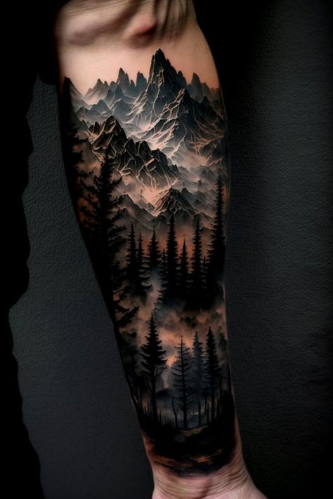 Want more tattoo ideas? ☕️ Support me 👉 buymeacoffee.com/29tattoolab Mountain Forearm Tattoo, Damon Tattoo, Wilderness Tattoo Sleeve, Forest Theme Tattoo, Tyler Tattoo, Dark Tattoos For Men, New Tattoo Ideas, Men Flower Tattoo, Camping Tattoo