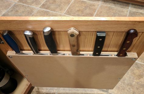 Cabinet door mounted knife block.  My own design and build (Pic2) Diy Knife Storage, Knife Block On Counter, Under Cabinet Knife Storage, Knife Cabinet, Calming Interiors, Narrow Boat, Using Chalk Paint, Inside Cabinets, Heart Diy