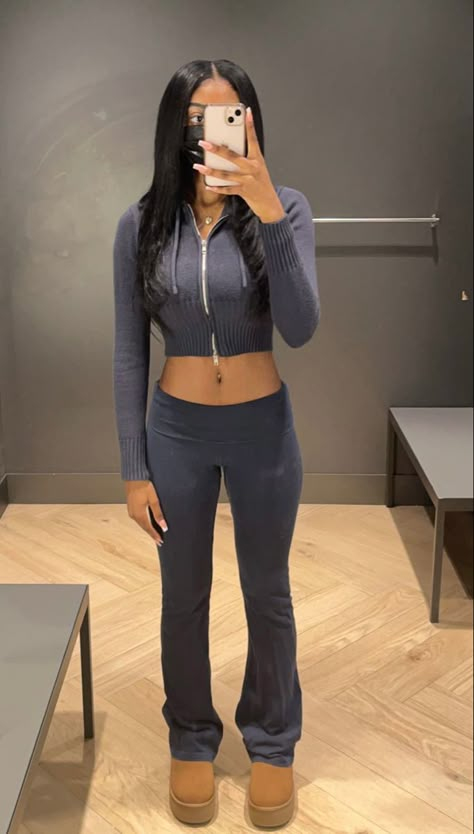 #fashion #outfits #outfitideas #brandy #uggs Black Tracksuit Outfit Aesthetic, Brandy Flare Leggings, Dark Blue Flare Leggings Outfit, Dark Grey Flared Leggings Outfit, Navy Blue Flare Leggings Outfit, Y2k Ugg Outfit, Navy Flare Leggings Outfit, Baddie Outfits Casual Black, Grey Flare Leggings Outfit