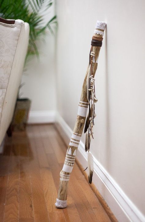 Native stick Walking Stick Decorating Ideas, Painted Walking Sticks Ideas, Painted Walking Sticks, Painted Sticks Diy, Festival Flags, Crafts By Month, Ribbon Sticks, Spirit Sticks, Painted Driftwood