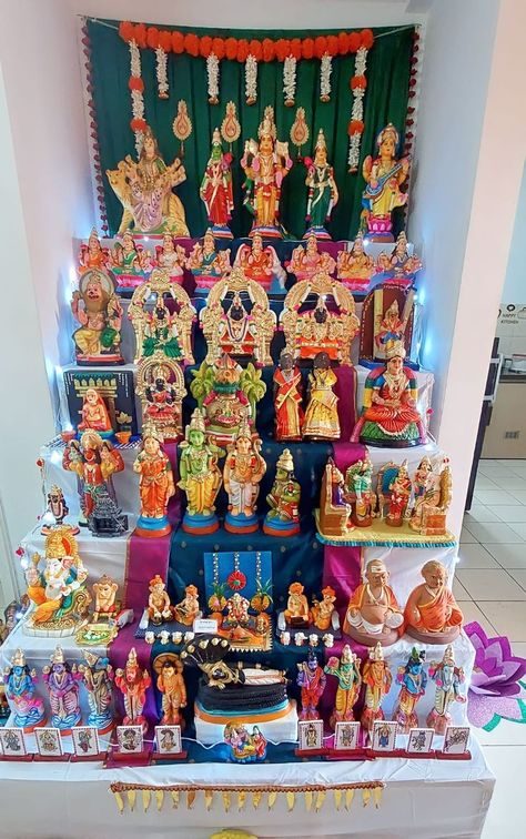 Navaratri or Golu is a festival spanning nine days. Dussera is one of my favorite festivals ever since my childhood. I have been setting up golu for the last 5 yrs. I take a lot of pride in that. I will take a lot of effort to store these dolls in a safe place and try to reuse some of the handmade stuff next year. I ensure to utilize the space available at home. So, please take a virtual tour of my golu and most of them are handmade and theme based. Golu Themes, Navaratri Golu, Goddess Decor, Happy Kitchen, Handmade Stuff, A Safe Place, Pooja Rooms, Mom And Sister, My Childhood