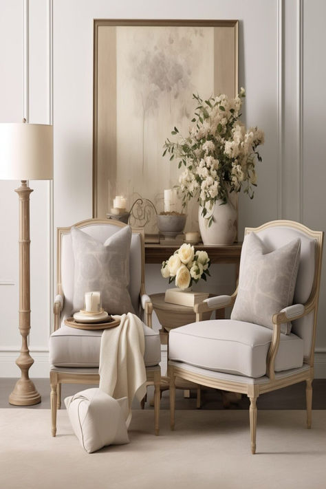 A serene French country living room corner with elegant chairs, floral arrangements, and neutral tones. French Countryside Home Living Room, French Country Living Room Pendant Lights, French Provincial Aesthetic, Cozy French Country Living Room Overstock, French Romance Aesthetic Home, French Countryside Aesthetic Bedroom, Modern French Provincial Home, French Country Home Decor, French Country Cottage Living Room