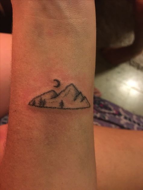 Simple Mountain and moon stick and poke tattoo Stick And Poke Mountain Tattoo, Moon Stick And Poke Tattoo, Moon Stick And Poke, Mountain And Moon, Stick And Poke Tattoo, Wolf Skull, Stick N Poke, Stick N Poke Tattoo, Poke Tattoo