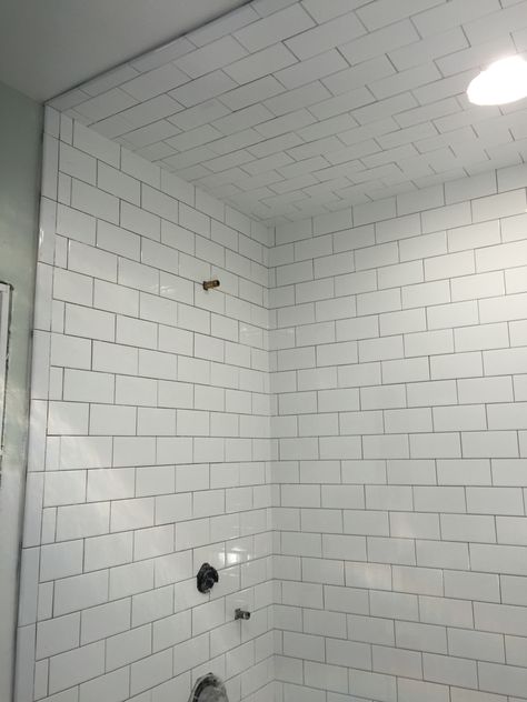 Ceiling Tile Shower Ideas, Subway Tile Ceiling, Tiled Shower Ceiling Ideas, Tiling Shower Ceiling, Shower With Tiled Ceiling, Tiled Bathroom Ceiling, Shower Ceiling Tile Ideas, Tile Shower Ceiling, Bathroom Ceiling Tile