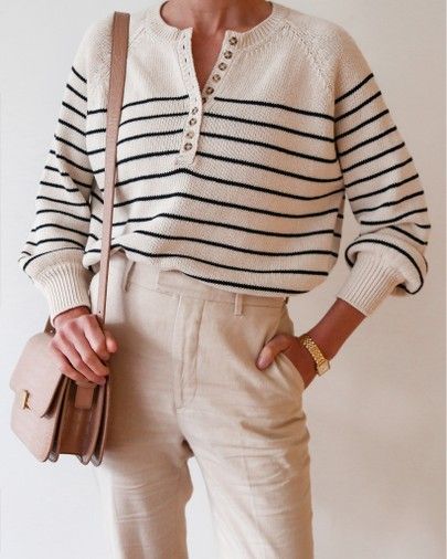 Striped Knit Sweater Outfit, Sweaters Western, Sezane Sweater, Sezane Striped Sweater, Striped Sweater Outfit, What I Wore Today, Cotton Linen Trousers, Project 333, Minimalist Outfits