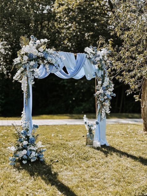 Blue and white wedding decoration! 🦋 #weddingdecor #weddingideas #bri... | TikTok Dusty Blue Wedding Arbor, Wedding Arch Dusty Blue, Arbor Ideas Wedding, Twilight Blue Wedding, Dusty Blue Wedding Arch, Trellis Wedding Arch, Wedding Arch Blue, Archway Wedding, Church Wedding Decorations Aisle