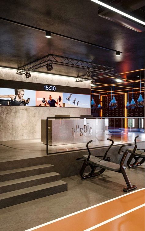 Reception Gym Interior Design, Fitness Reception, Gym Reception Area, Gym Entrance Design, Gym Reception Design, Industrial Gym Design, Gym Reception Desk, Warehouse Gym Design, Luxury Gym Interior