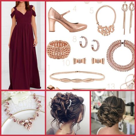 Maroon dress, updo, rosegold accessories Wine Dress Accessories, Maroon Dress Accessories, Burgundy Dress Accessories, Maroon And Gold Dress, Bridesmaid Dress Jewelry, Burgundy Dress Outfit, Outfit Boda, Maroon Prom Dress, Maroon Gown