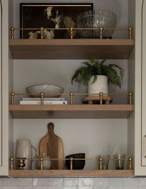 Shelves With Bar, Open Shelves With Brass Rail, Butlers Pantry Floating Shelves, Brass Shelving Kitchen, Open Upper Kitchen Cabinets, Granite Shelves, Shelves Kitchen Wall, French Bistro Shelves, Shelves In Kitchen