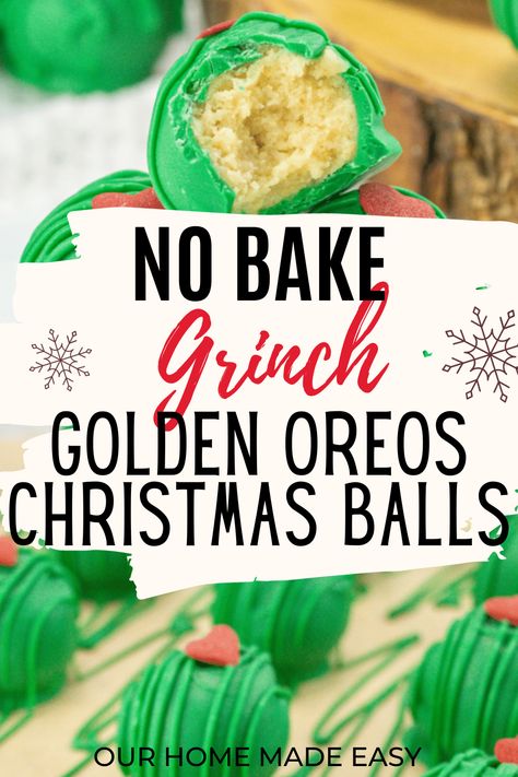 Add a touch of Grinch magic to your holiday celebrations with these easy-to-make Grinch Golden Oreo Christmas Balls! No baking required, and they're perfect for classrooms and gatherings. Get the recipe now and make your holiday treats a festive hit! Christmas Grinch Cake Balls, Grinch Balls Oreo, Grinch Oreo Balls Red Velvet, Grinch Snacks For Kids School, Grinch Oreo Balls, Grinchmas Games, Grinch Balls, Grinch Desserts, Grinch Christmas Treats