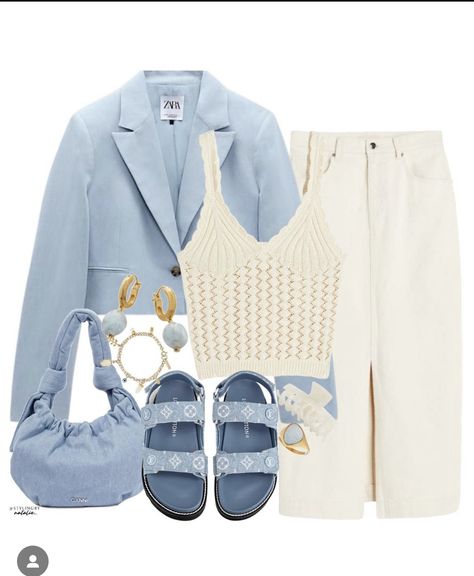 Denim Bag Outfit Street Styles, Denim Shoes Outfit Fashion Ideas, Cream And Blue Outfits, Denim Sandals Outfit, Cream Denim Skirt Outfit, Blue Sandals Outfit, Denim Bag Outfit, Blue Handbag Outfit, Denim Shoes Outfit