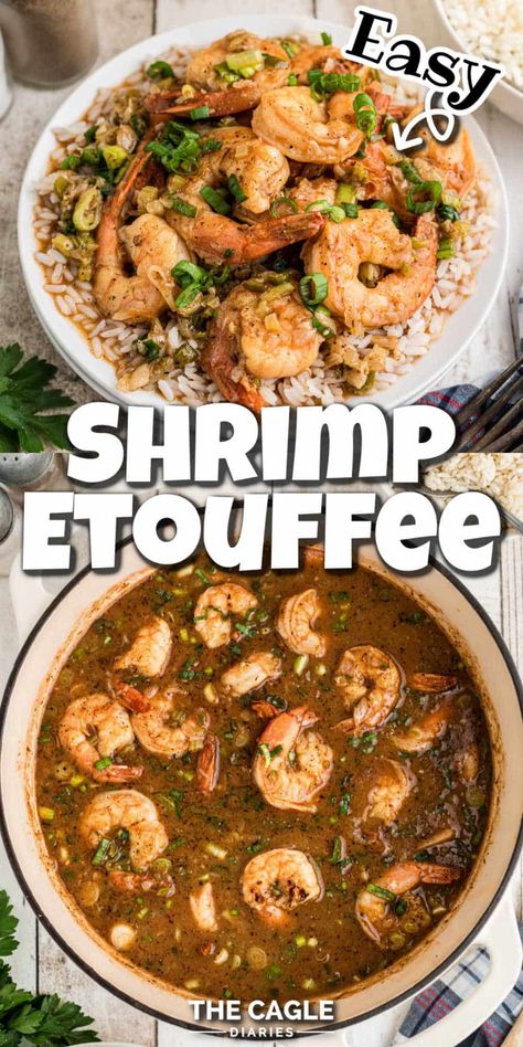 Shrimp Etouffee is a delicious Louisiana classic - a type of stew, it's made from a roux, the Holy Trinity of Onion, bell pepper and celery and tasty Gulf shrimp. Crab And Shrimp Etouffee, Shrimp And Chicken Etouffee Recipe, Shrimp Effoute Recipe, Shrimp Ettouffe Recipe New Orleans, Shrimp Stew Recipes Louisiana, Shrimp Etouffee Recipes Easy, Shrimp And Sausage Etouffee, Shrimp And Sausage Etouffee Recipes, Easy Shrimp Etouffee