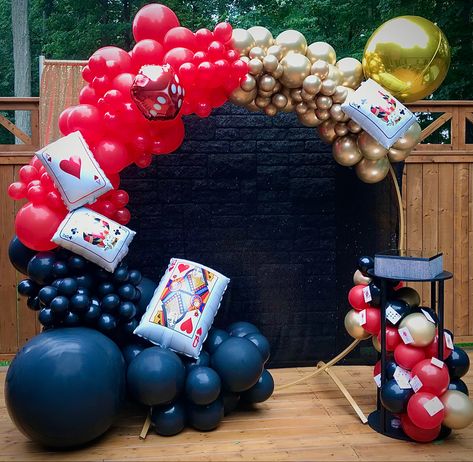 Balloon backdrop Game Night Balloon Garland, Ace Theme Party, Casino Theme Balloon Arch, Queen Of Hearts Balloon Garland, Casino Night Backdrop, Casino Royale Backdrop, Casino Theme Balloon Garland, Casino Balloon Garland, Casino Backdrop