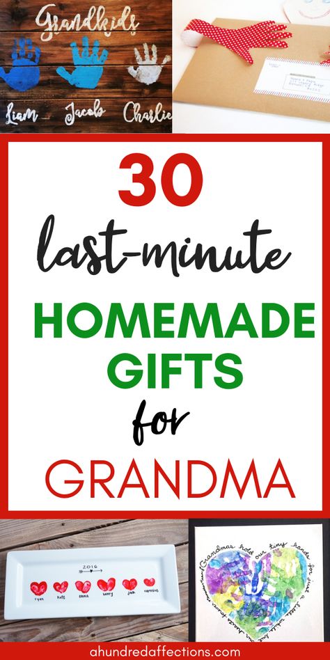 Are you scrambling to come up with a meaningful and adorable gift for Grandma from the kids? Here's help! You can choose from 30 homemade gifts the kids can easily and quickly make - guaranteed to put a smile on Grandma's face! Click here to get started! #homemadegifts #diygifts #giftsforgrandma #fromkids #easy #fast #christmas Diy Gifts For Great Grandparents, Easy Grandparent Christmas Gifts, Homemade Gifts To Grandparents, Diy Gift For Nana, Grandparent Craft Gifts, Mommy And Me Christmas Crafts, Homemade Gift Ideas For Grandma, Homemade Nana Gifts, Mothers Day Gifts From Kids For Grandma