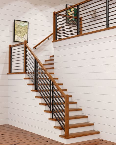 Metal Handrails For Stairs, Stairs Handle, Cabin Stairs, Stairway Ideas, Stair Paneling, Indoor Railing, Metal Stair Railing, Interior Stair Railing, Modern Stair Railing