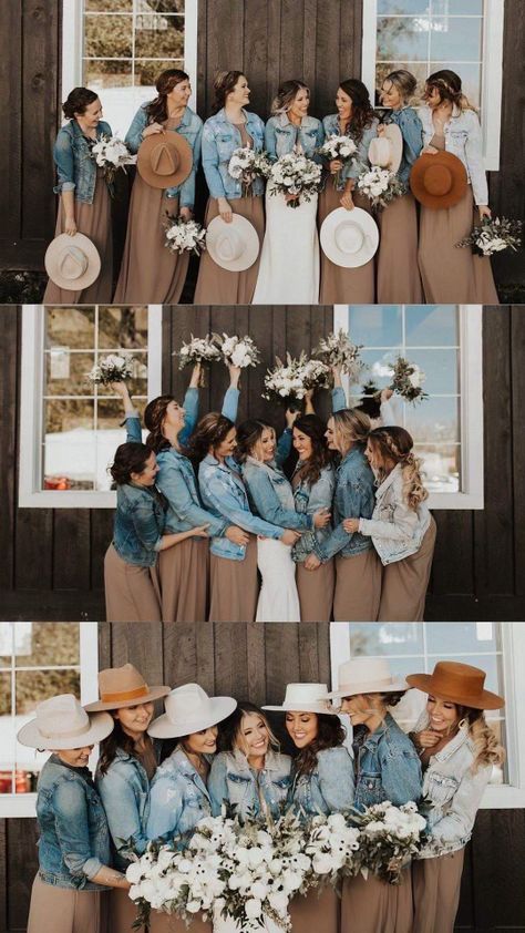 Rustic Wedding Groomsmen Jeans, Country Wedding Bridal Party Attire, Western Boho Bridesmaid Dress, Bridesmaid Country Dresses, Rustic Country Bridesmaid Dresses, Bridesmaid With Cowboy Boots, Cowgirl Wedding Dress With Boots Bridesmaid, Bridesmaid Dresses Country Wedding, Bridesmaid Hats For Wedding