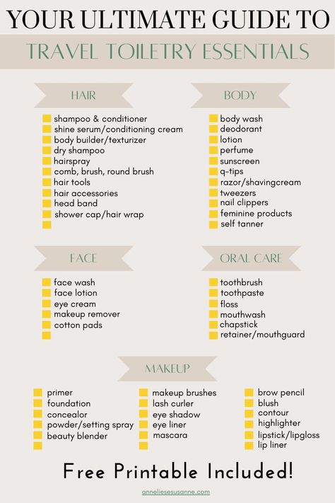 Your Ultimate Guide to Travel Toiletry Essentials Printable Toiletry Travel List, Travel Nessecities Lists, Traveling Toiletries List, List Of Toiletries For Women, Travelling Essentials For Women, Holiday Toiletries List, Travel Toiletry Bag List, Toiletry Packing List Women, Toilet Trees Packing List