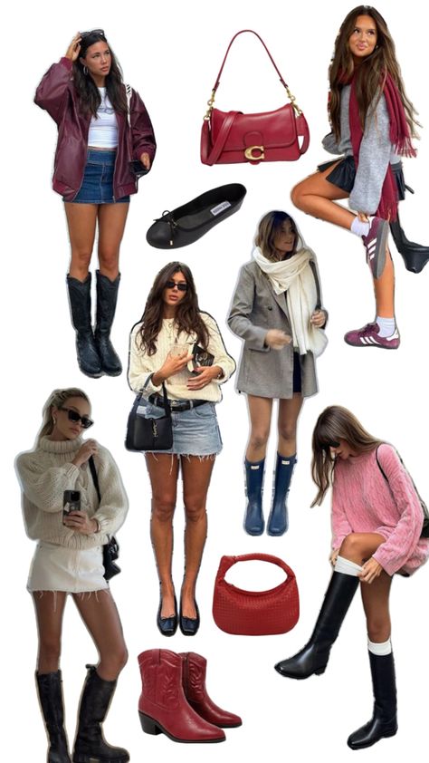 skirt outfit inspo boot inspiration red purses 90s Boots Outfits, Outfit Inspo Collage, Inspo Collage, Outfit With Boots, 90s Boots, Boots Outfits, 90s Outfit, Red Purses, Red Boots