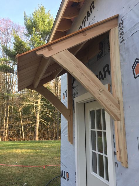 #Awning #Barn #MortiseandTenon #Cedar Awning Over Door, Pergola Modern, Front Door Awning, Door Overhang, Diy Awning, House Awnings, Porch Awning, Door Awning, Porch Roof