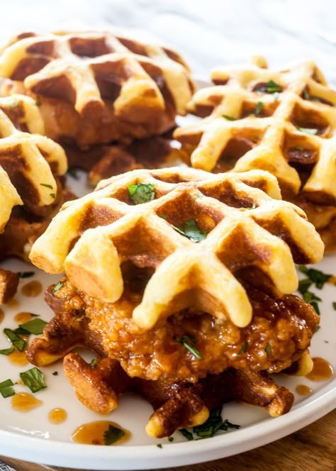 Chipotle Honey Chicken and Waffle Sliders | @thenoshery for The Pioneer Woman Food & Friends Chicken And Waffle Sliders, Chipotle Honey Chicken, Waffle Sliders, Fried Chicken And Waffles, New Years Eve Dinner, Honey Chicken, Food Combining, Chicken And Waffles, The Pioneer Woman